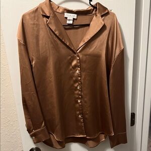 Rachel Zoe Satin Button Down Shirt in Rich Brown